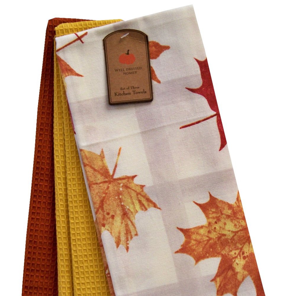 3 Pc. Kitchen Towel Set Fall Autumn Thanksgiving Holidays Colorful Leaves